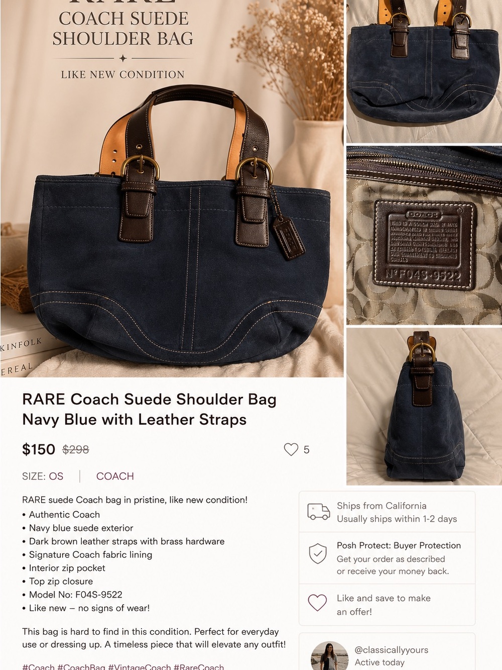 RARE Coach Navy Suede Shoulder Tote Bag – Y2K Vintage | Like New | Authentic